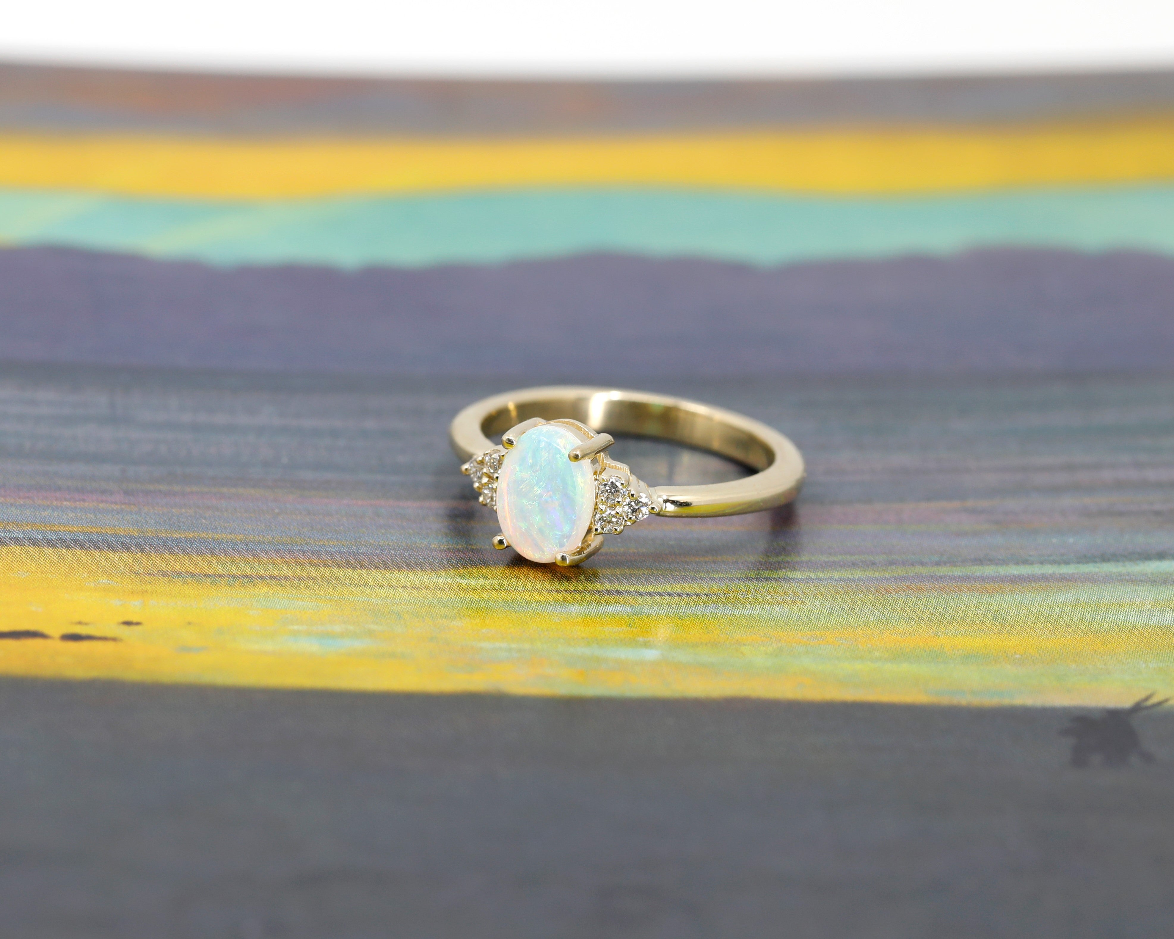 Oval Shape Opal and Diamond Yellow Gold Engagement Ring Bena Jewelry