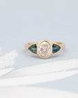 Oval Diamond Trillion Shape Teal Sapphire Gold Ring