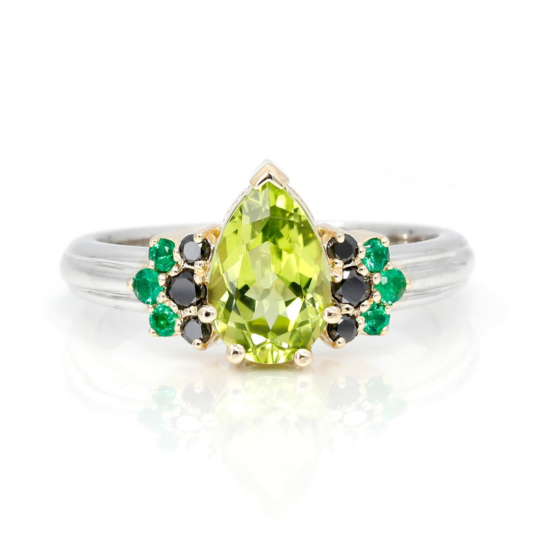 Pear Shape Peridot & Black Diamond and Emerald 2 Tons Gold Jet Ring