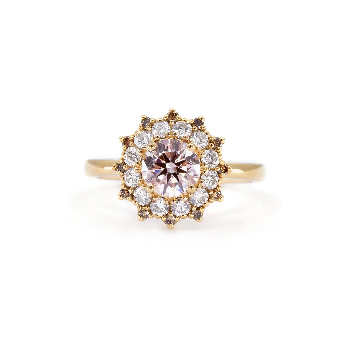 Light pink diamond sunburst ring with brown diamond halo and second halo of white diamonds