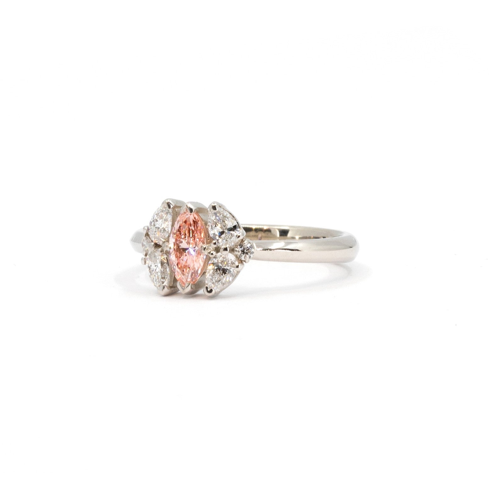 Close-up of the Marquise &amp; Pear Diamond Ring by Bena Jewelry – A modern fine jewelry piece with delicate symmetry and high-quality gemstones, designed in Canada.