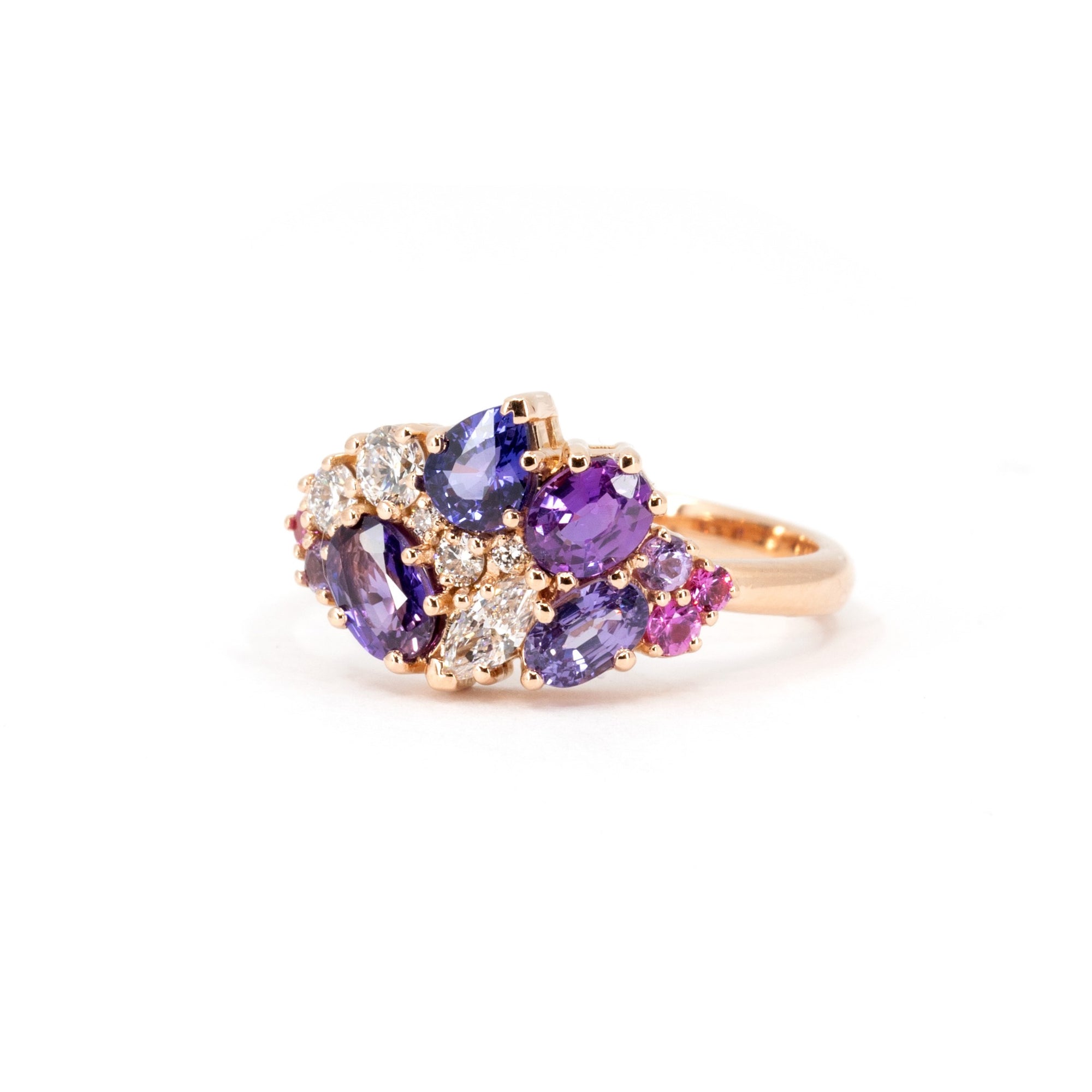 Top-down view: Displays the unique arrangement of the gemstones and their seamless integration into the gold band. Crafted by Bena Jewelry, Montreal, Canada.