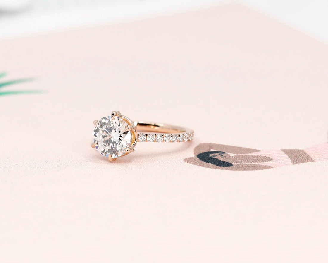 Six Claws Round Diamond Rose Gold Engagement Ring