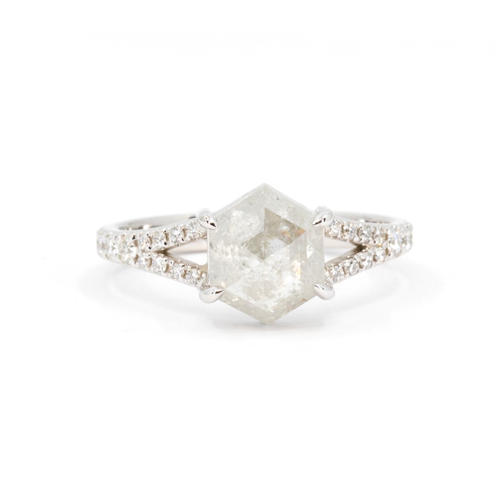 Hexagonal Salt&amp; Pepper White Gold Diamond Ring