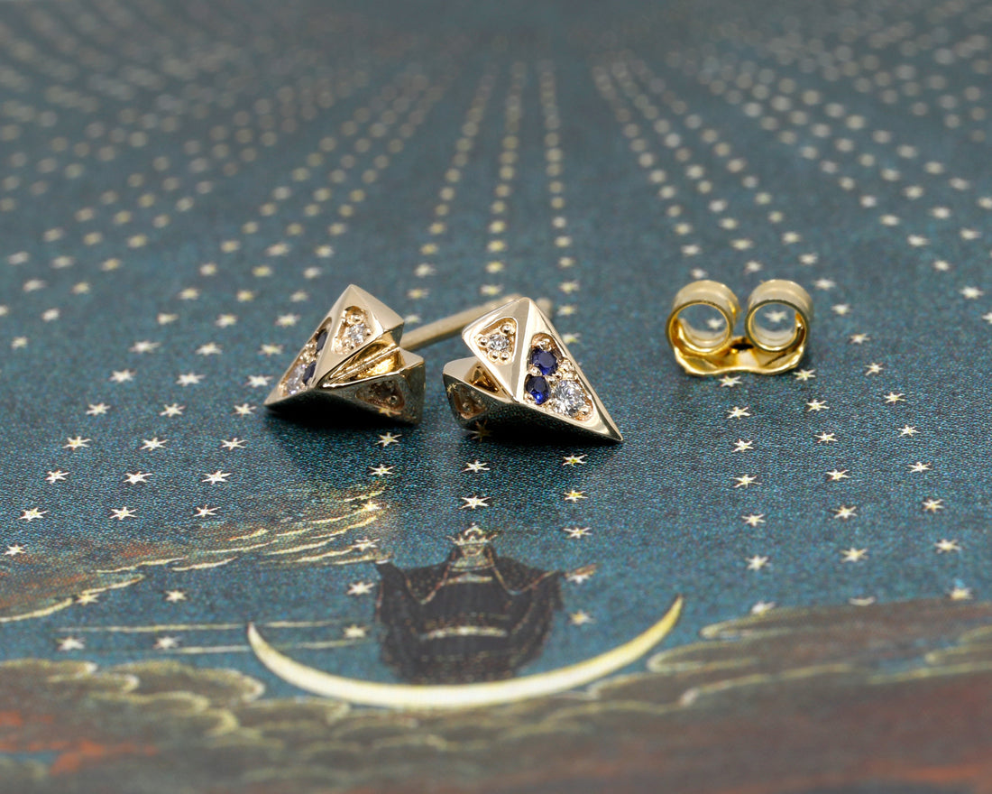 Sapphire & Diamond Edgy Heart Shape Yellow Gold Studs