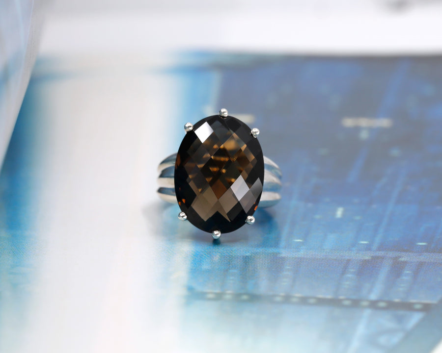 Smoky Quartz Nights Oval Shape Silver Ring