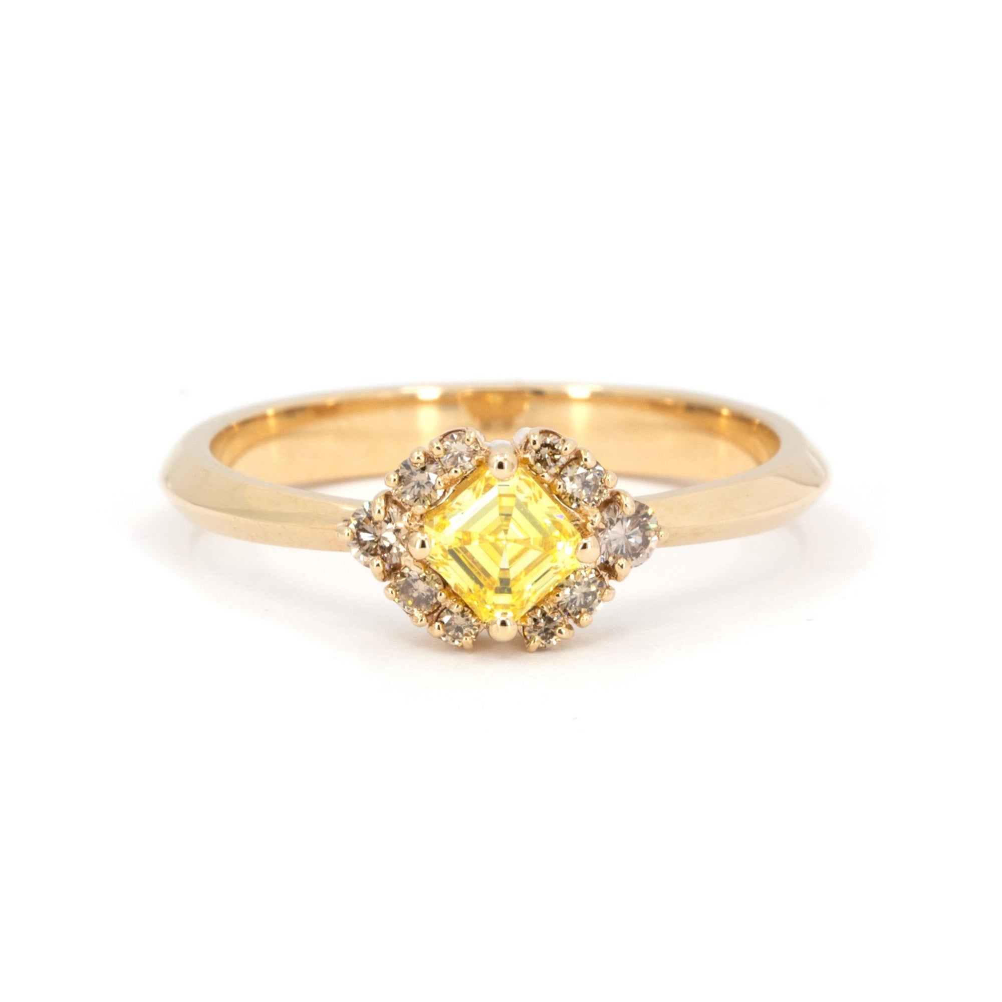 SOLAR YELLOW ASSCHER &amp; BROW DIAMOND HALO | Yellow Gold Ring