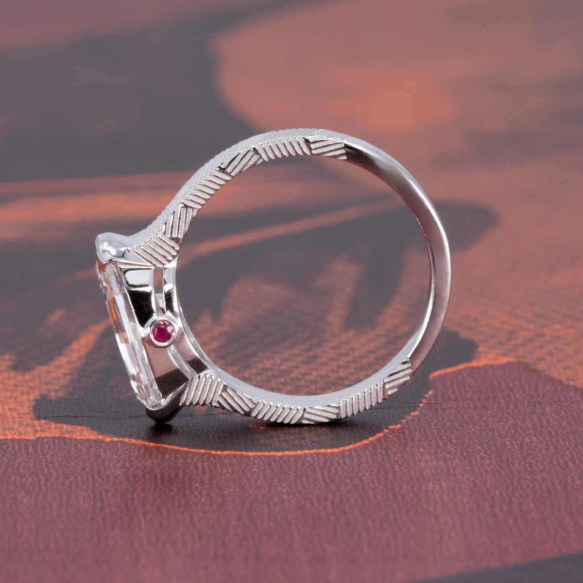 STEP CUT DIAMOND TEXTURED RING | White Gold