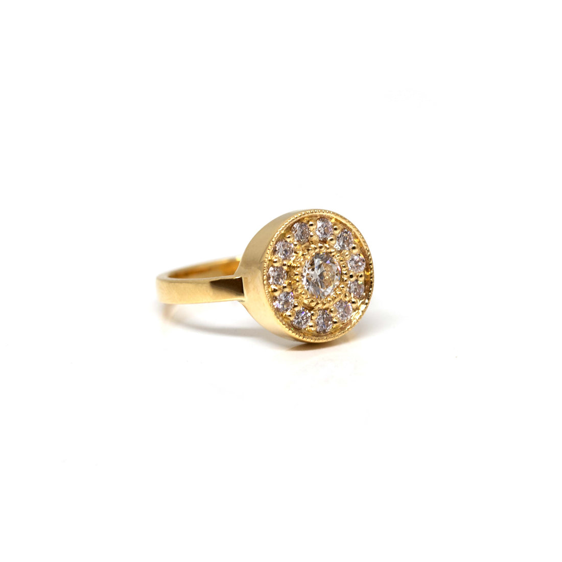 Yellow Gold Miligrain Diamond Halo Boldy Engagement Ring