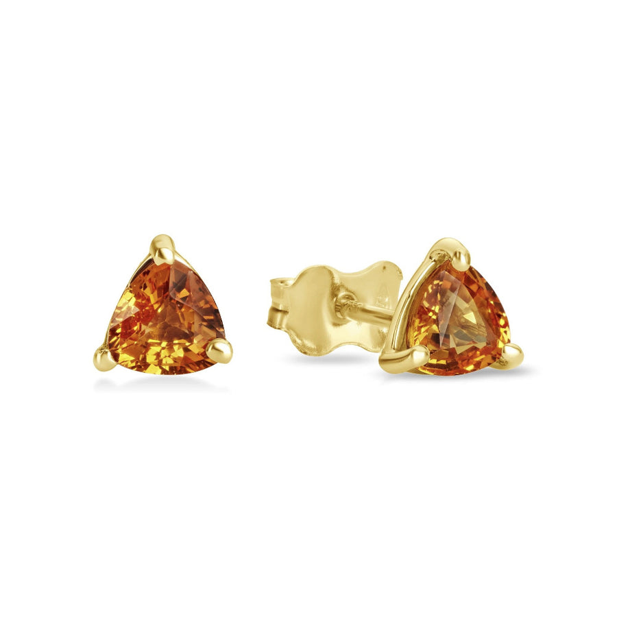 Orange sapphire gemstone trillion cut stud earrings yellow gold bena jewelry montreal