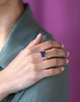 girl hand wearing statement amethyt silver and gold ring bena jewelry designer montreal ruby mardi jeweler little italy