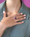 girl wearing bena jewelry statement amethyst statement ring collection ruby mardi jeweler little italy made in montreal