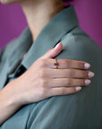 girl wearing ruby mardi engagement ring montreal custom made color gemstone bena jewelry dainty ring canada designer
