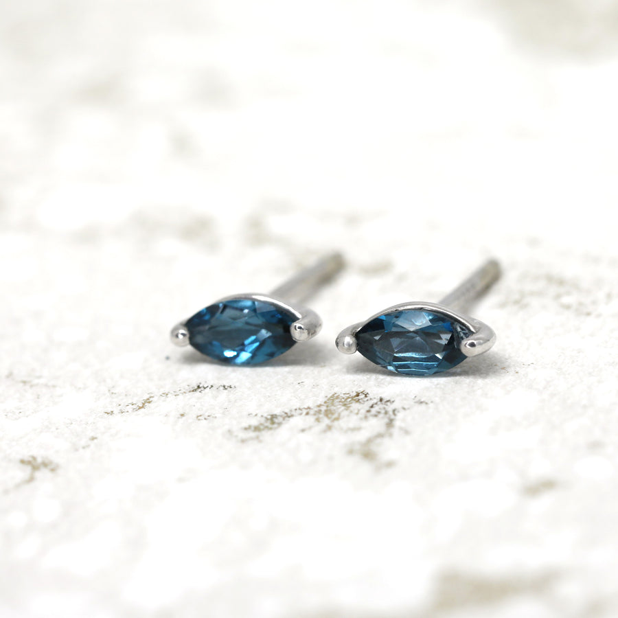 Marquise shape london blue topaz stud earrings bena jewelry edgy minimalist gemstone earrings unisexe jewelry made in montreal silver earrings blue gemstone studs silver earrings bena jewelry montreal