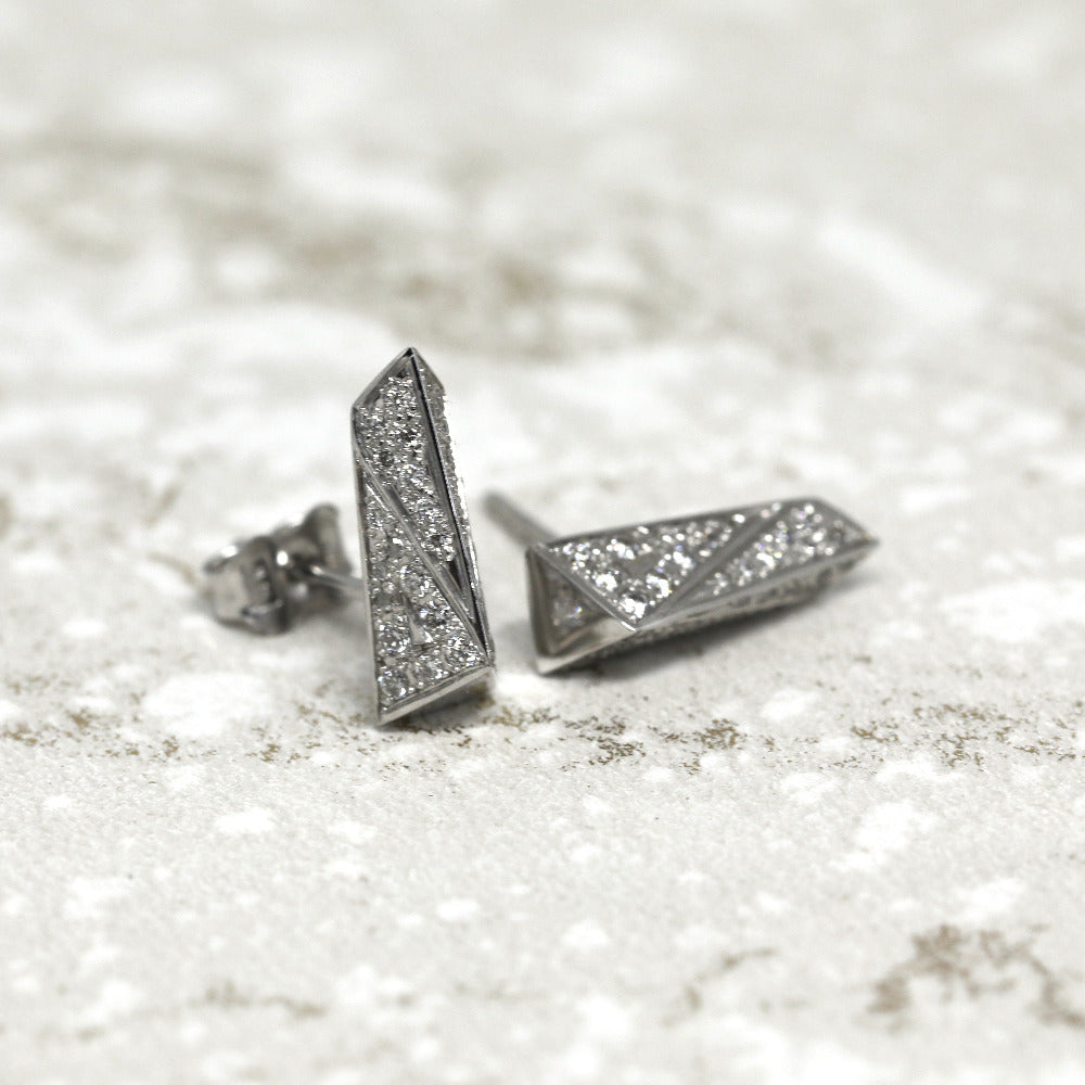 White gold and diamond stud earrings Pike from Fancy Edgy Collection Bena Jewelry Montreal Made Canada Fine Jewelry Designer