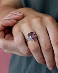 Girl wearing bena jewelry ametrine cocktail ring purple orange quartz natural gemstone from brazil custom made fine jewelry montreal fine jewelry designer montreal made in canada bolc cocktail custom silver ring color gemstone specialist montreal canada