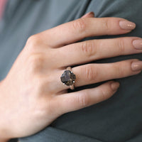 girl wearing bena jewelry cocktail ring silver jewelry smoky quartz fancy shape ring made in montreal canada jewelry designer
