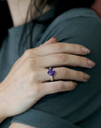 girl wearing bena jewelry amethyst cocktail ring custom made jewelry handmade in montreal canada fine jewelry silver and gold bridal creation