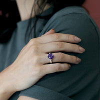 girl wearing bena jewelry amethyst cocktail ring custom made jewelry handmade in montreal canada fine jewelry silver and gold bridal creation