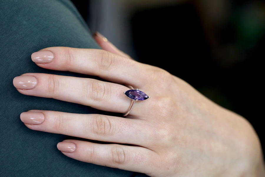 Marquise shape amethyst cocktail ring bena jewelry montreal fine jewelry designer purple gemstone custom ring jewelry montreal made in canada
