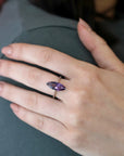Girl wearing coktail ring amethyst marquise shape silver cocktail ring nautral gemstone custom ring designer handmade in montreal canada