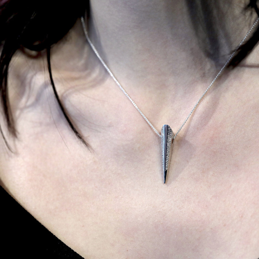 Girl wearing the Pike Pendant Silver and Round White Diamond by Bena Jewelry Deisgner Made in Montreal Canada