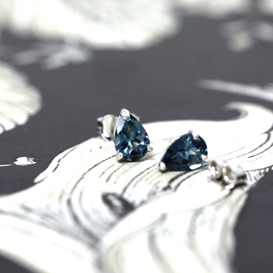 Topaz gemstone stud earrings pear shape blue gem custom made for earrings bena jewelry handmade in canada jeweler montreal little italy small bold jewelry designer