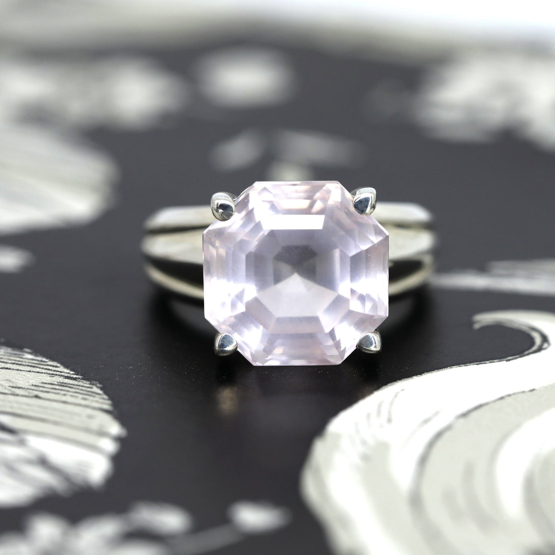 Front view of hexagonal rose quartz gemstone ring bena jewelry edgy jewelry montreal handmade in canada pink bold gems custom made ring fine jewelry