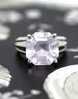 Front view of hexagonal rose quartz gemstone ring bena jewelry edgy jewelry montreal handmade in canada pink bold gems custom made ring fine jewelry