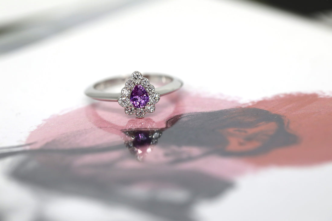 purple sapphire diamond halo white gold ring bena jewelry montreal