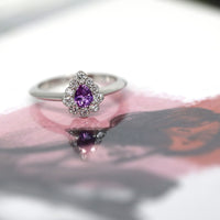 purple sapphire diamond halo white gold ring bena jewelry montreal