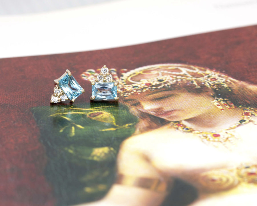 diamond and blue gemstone stud earrings by bena jewelry designer montreal canada
