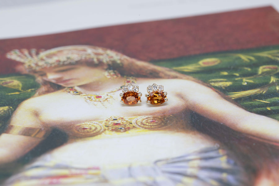 diamond spessartite garnet oval shape stud earrings bena jewelry montreal designer