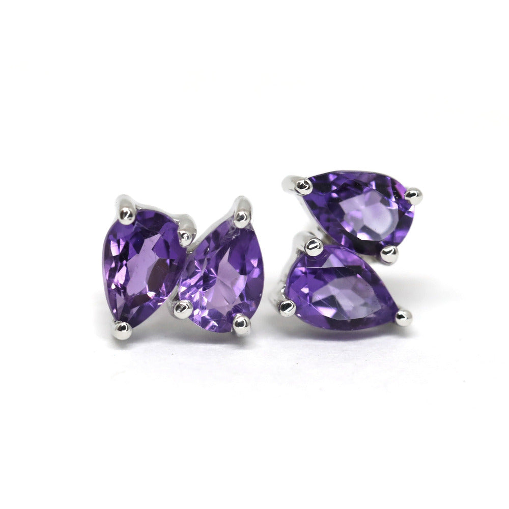 Pear shape amethyst silver stud earrings Minimalist fine jewelry Made in Montreal Canada by Bena Jewelry 