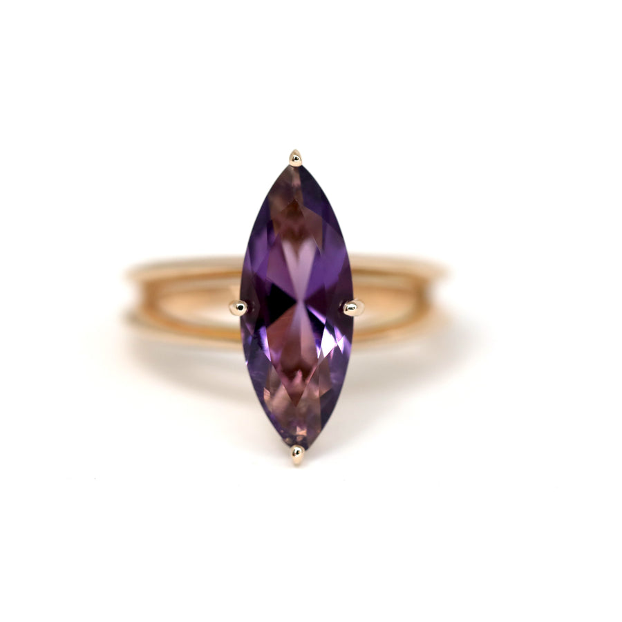 Front view of amethyst marquise shape bold cocktail ring natural quartz purple color gemstone cocktail ring montreal made in canada fine jewelry simple minimalist band