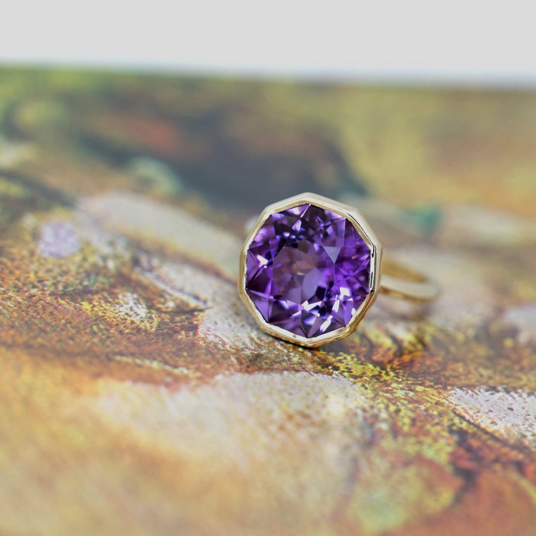 statement ring bena jewelry yellow gold big amethyst gemstone