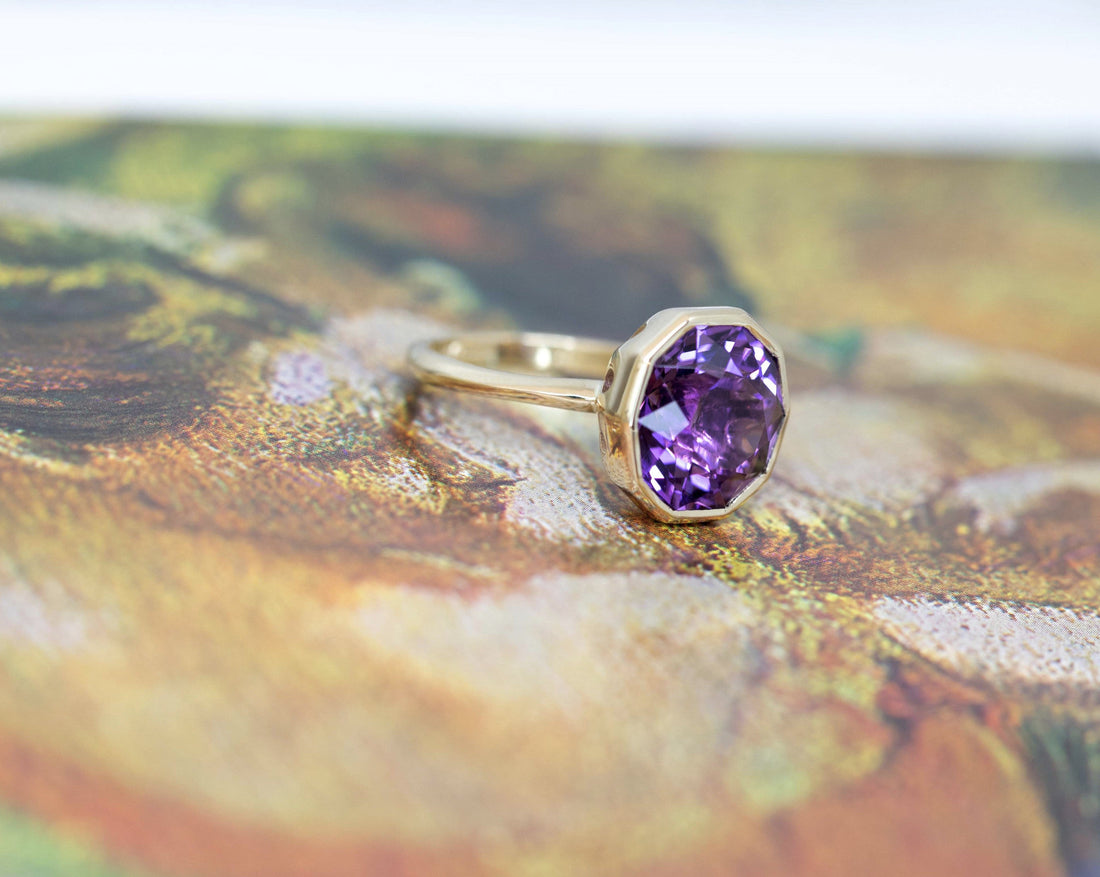 big amethyst gold ring made in montreal by bena jewelry designer