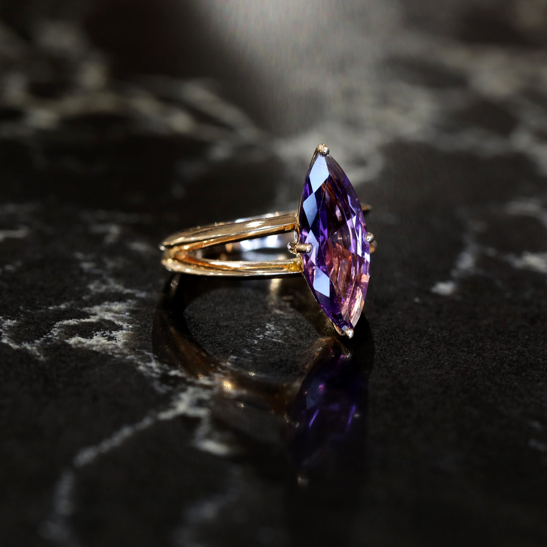 amethyst cocktail ring rose gold bena jewelry edgy color gemstone ring made in montreal fine jewelry designer marquise shape violette purple rose de france amethyst made in montreal