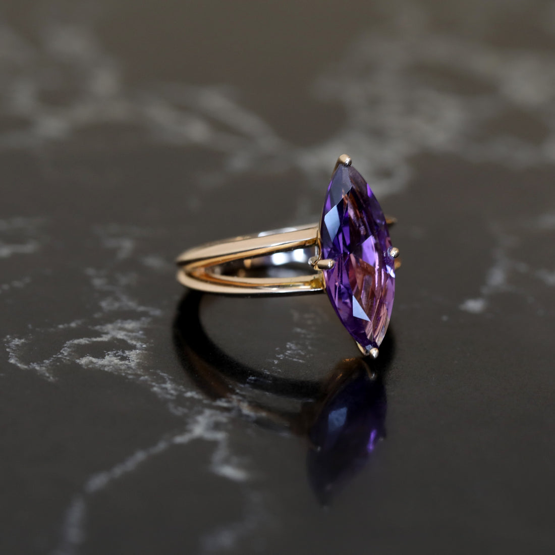 marquise shape amethyst rose gold cocktail ring bena jewelry designer montreal custom made color gemstone fine jewelry little italy jewelry gallery ruby mardi montreal rose gold cocktail ring with marquise amethyst shape gemstone