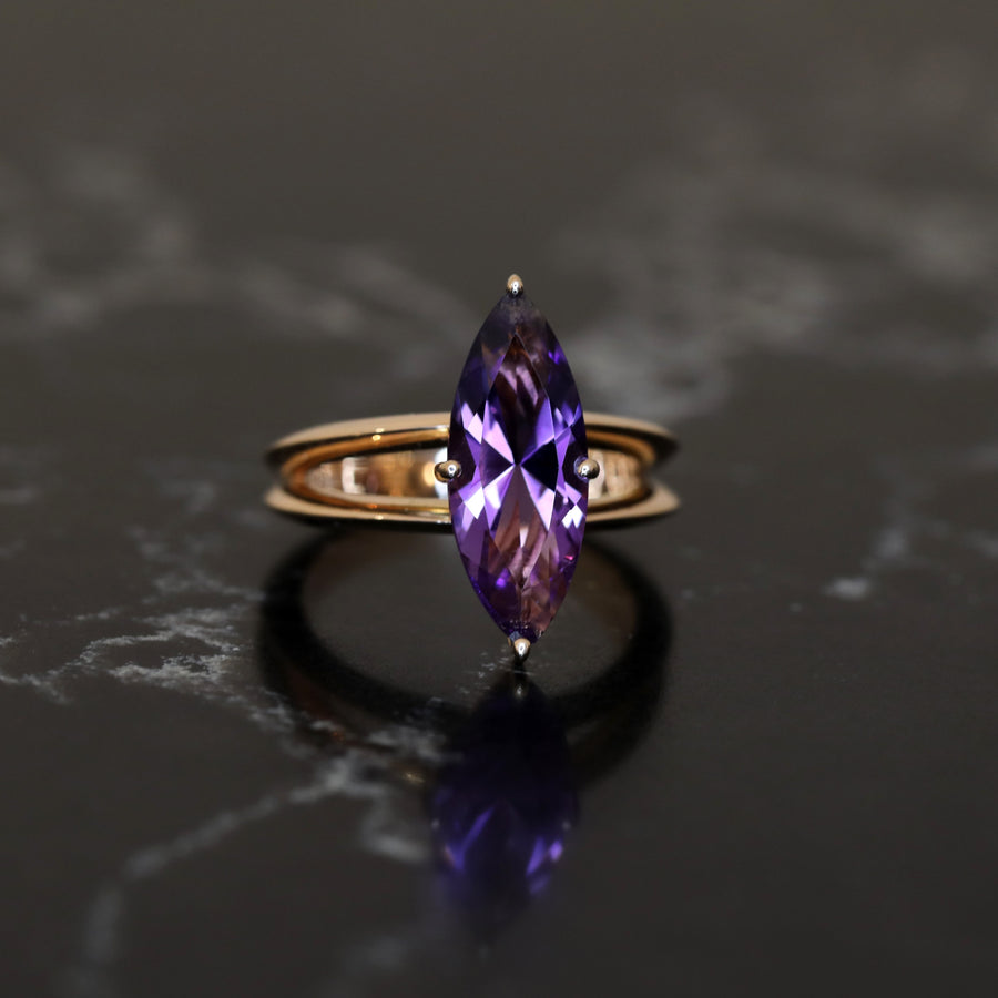 front view of marquise shape cocktail ring rose gold fine jewelry purple gemstone custom made fine jewelry montreal