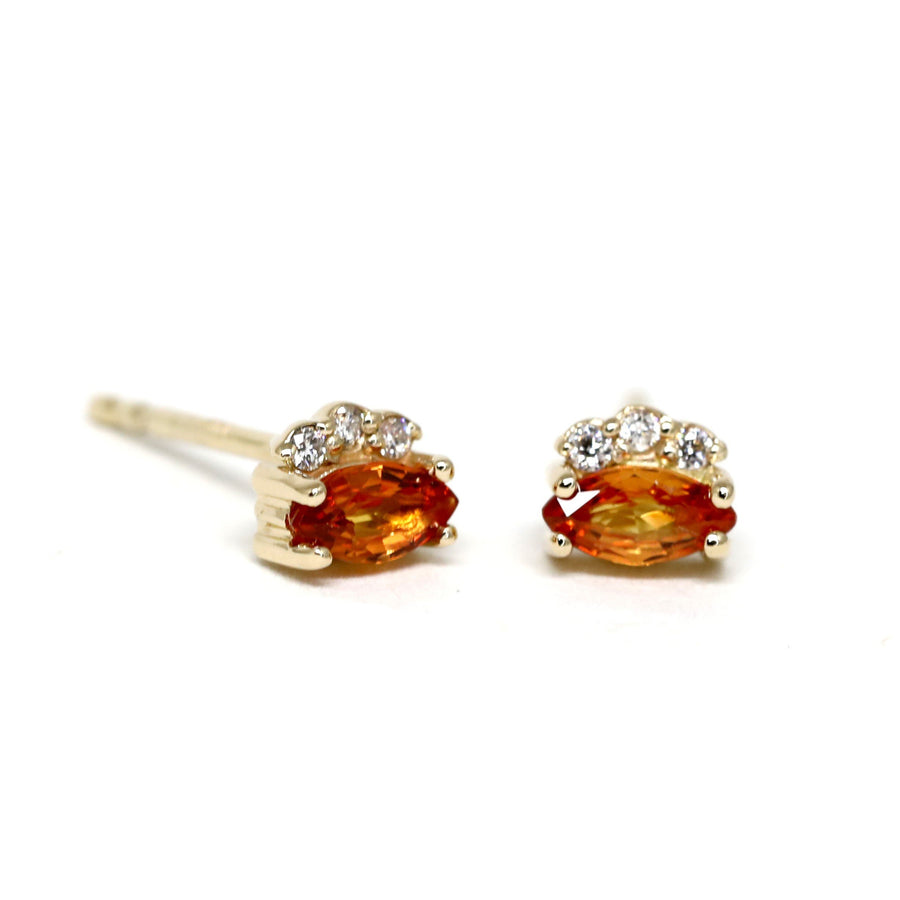 front view of orange marquise shape gemstone studs earrings bena jewelry designer small round diamond and marquise shape diamond studs