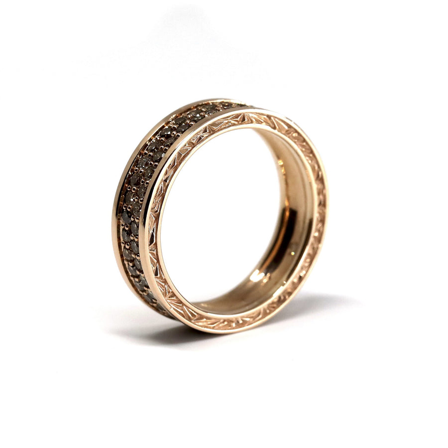 side view of cognac diamond rose gold men ring edgy fine jewlery custom made in montreal cocktail jewelry for men fine bold jewelry