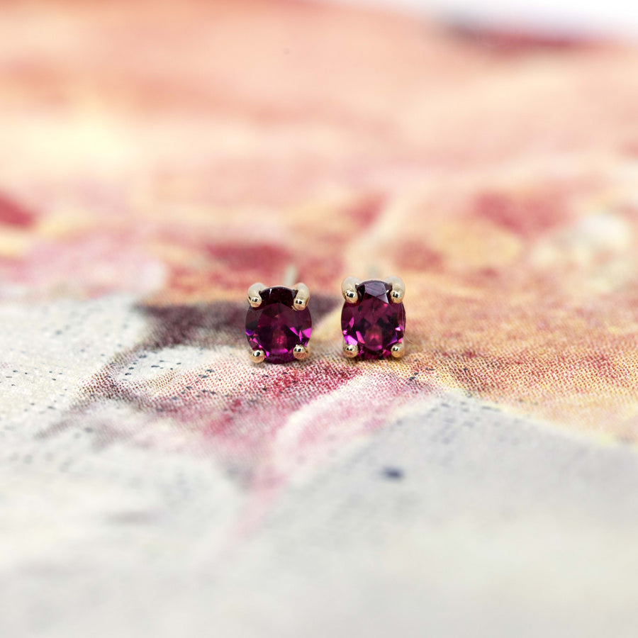 Minimalist Redish Purple Rhodolite Garnet Gold Stud Earrings
