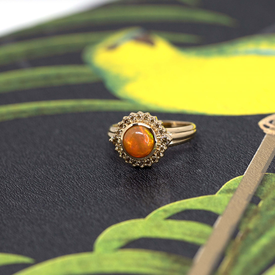opal gemstone and brown diamond yellow gold ring designed by bena jewelry