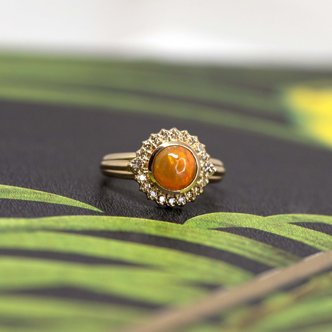 orange opal yellow gold bridal ring bena jewelry montreal