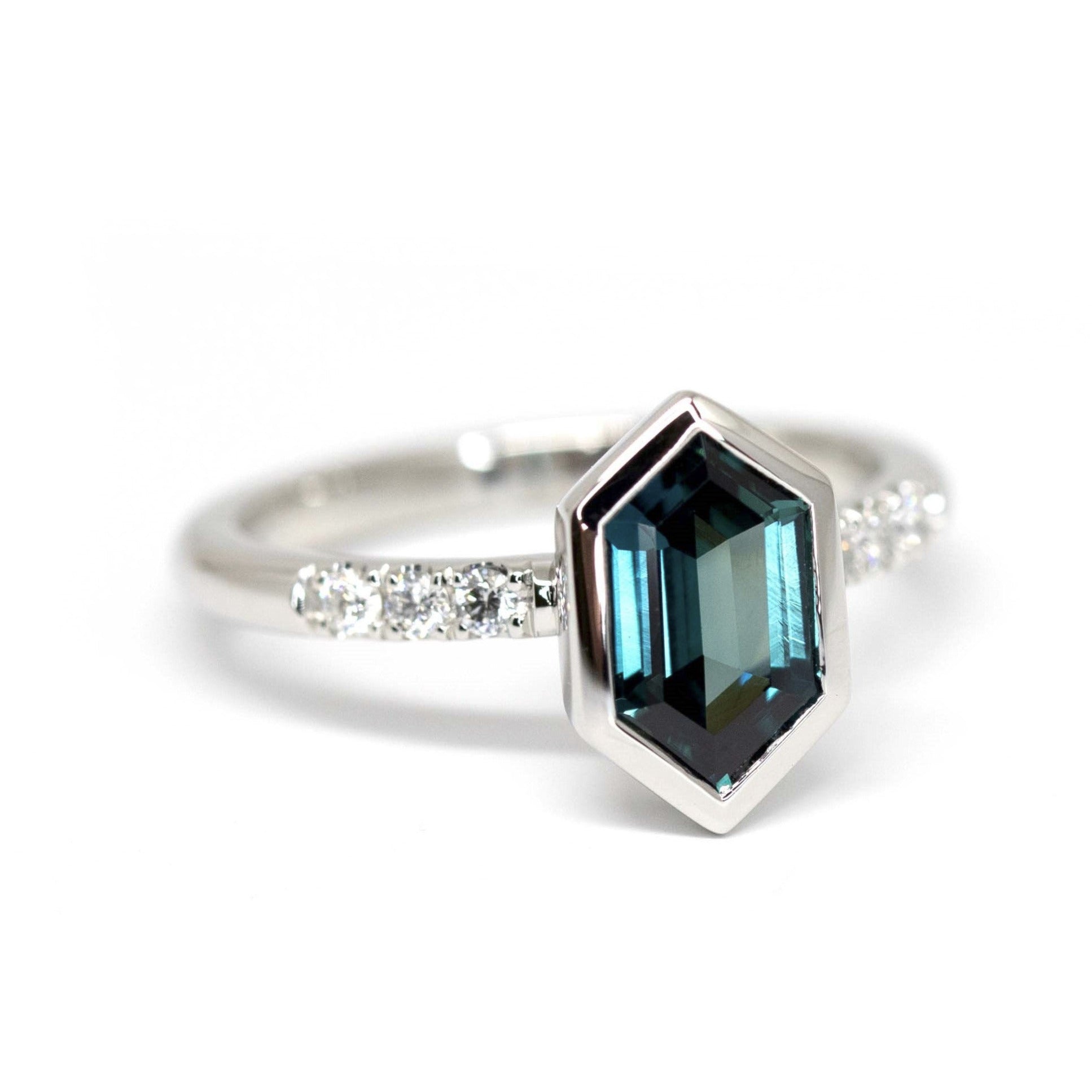 Hexagonal Sapphire &amp; Diamonds Platinum Ring