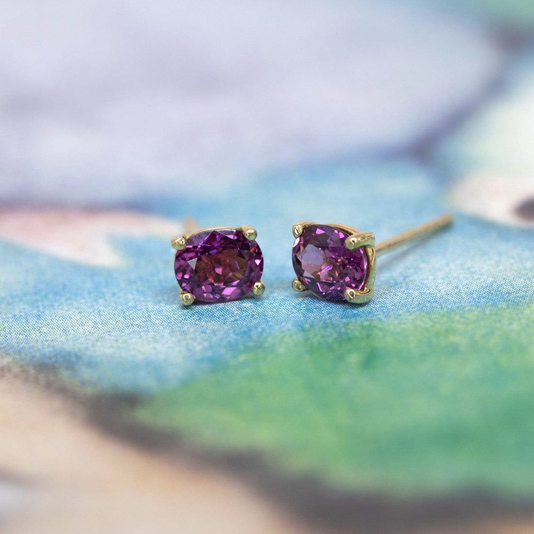 Rhodolite Oval Garnet Gold Stud Earrings