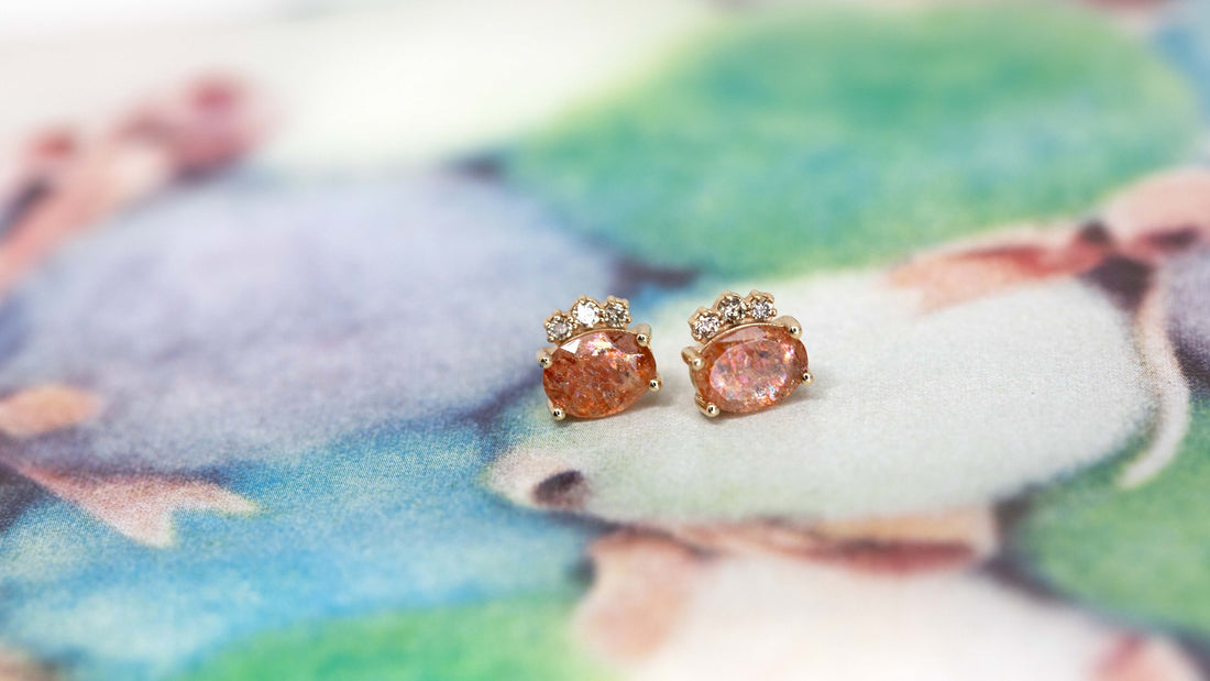 Sunstone & Cognac Diamond Gold Earrings - 0.17 ct