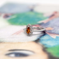 Pear Shape Deep Orange Spessartite Garnet Diamond Halo Gold Aura Ring
