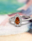 Pear Shape Deep Orange Spessartite Garnet Diamond Halo Gold Aura Ring